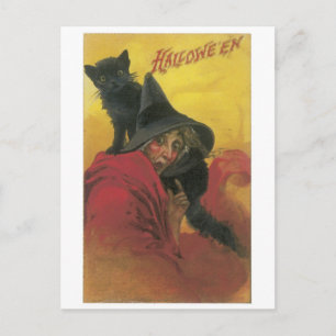 Carte Postale Halloween à l'ancienne, sorcière avec chat noir