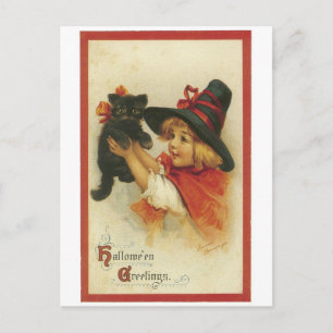 Carte Postale Halloween à l'ancienne, sorcière fille avec chat n