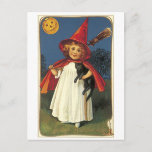 Carte Postale Halloween à l'ancienne, sorcière fille avec chat n