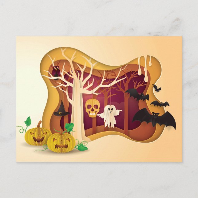 Carte Postale Halloween Arbre Papercut Fantôme et crâne (Devant)