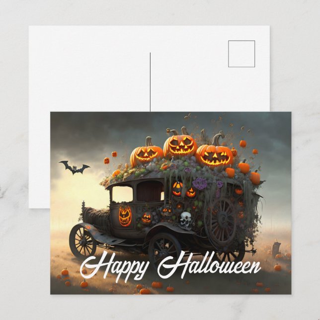 Carte Postale Halloween automobile ancienne et citrouilles (Devant / Derrière)