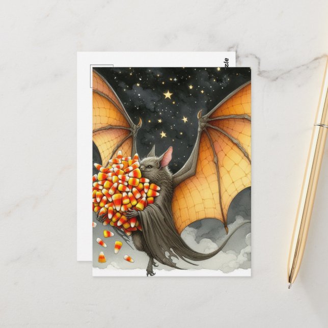 Carte Postale Halloween Bat With Candy (Devant/Arrière en situation)