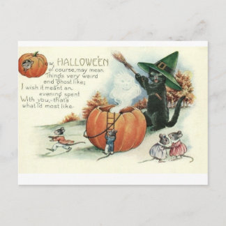 Carte Postale Halloween Black Cat Kitten Mice Mouse Postcard
