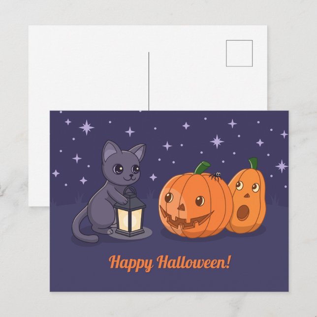 Carte Postale Halloween Black Cat Pumpkins Lantern Purple (Devant / Derrière)