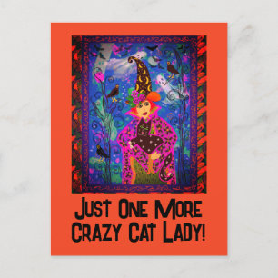 Carte Postale Halloween branché Customisé Crazy Cat Lady Witch