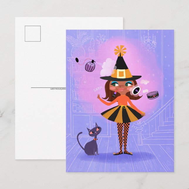 Carte Postale Halloween Brown sorcière de cheveux Lavande et ros (Devant / Derrière)
