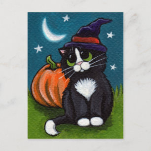 Carte Postale Halloween Chat de sorcière et illustration Citroui