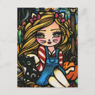 Carte Postale Halloween Chat Haunted Maison Fille Imaginaire Art