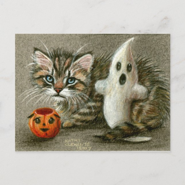 Carte postale Halloween Chat Kitten Ghost Art Citr (Devant)
