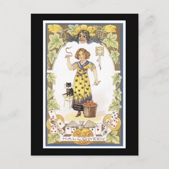 Carte Postale Halloween Chat noir et fille (Devant)