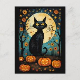Carte Postale Halloween Chat Noir Et Pleine lune Citrouille Dépl