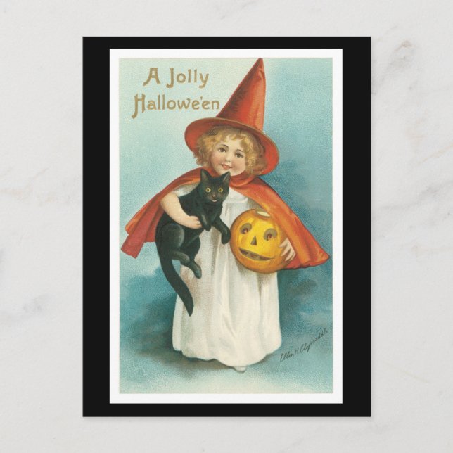 Carte Postale Halloween Chat noir et sorcière fille (Devant)