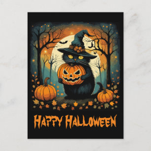 Carte Postale Halloween Chat noir Pleine lune Citrouille Déplais