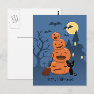 Carte Postale Halloween Citrouilles et chat noir
