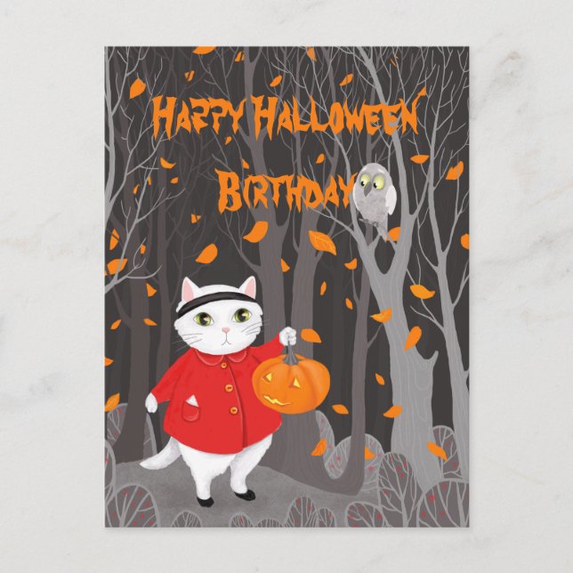 Carte Postale Halloween Cute Cat & Jack-o’-lanterne Citrouille (Devant)