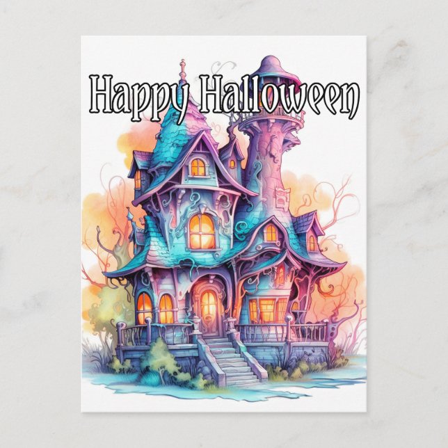 Carte Postale Halloween dans la vieille maison hantée bien éclai (Devant)