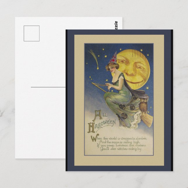 Carte postale Halloween de sorcière volante vintag (Devant / Derrière)