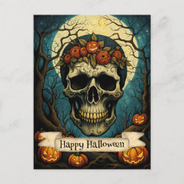 Carte Postale Halloween déplaisant Citrouille Floral Crâne