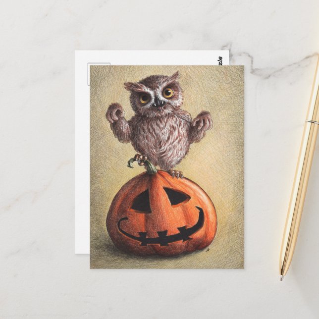 Carte Postale Halloween Dracula Owl (Devant/Arrière en situation)