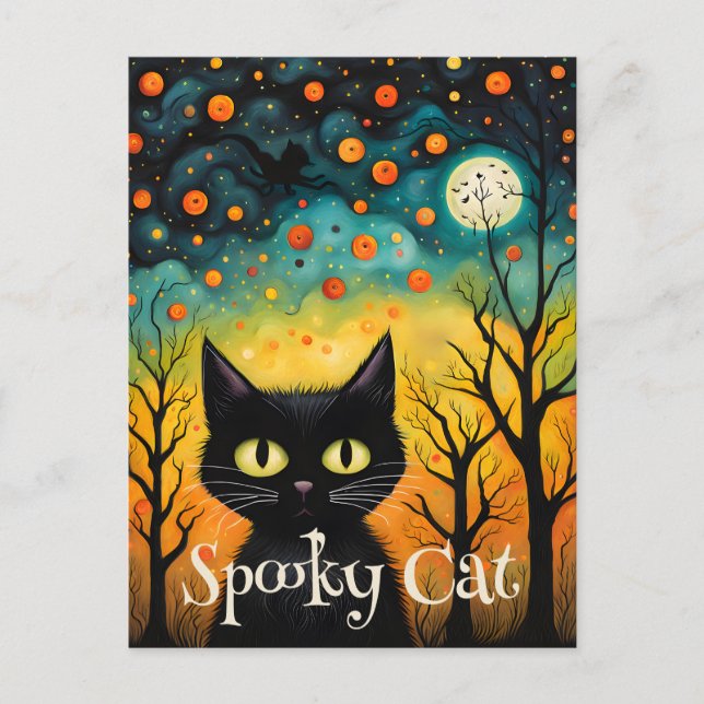Carte Postale Halloween éffrayant en chat noir (Devant)
