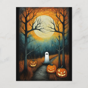 Carte Postale Halloween Éffrayant fantôme et Pleine lune Citroui