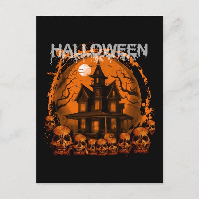 CARTE POSTALE HALLOWEEN EFFRAYANT HAUNTED HOUSE SKULLS (Devant)