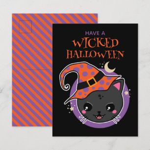 Carte Postale Halloween en chat à sorcière Kawaii