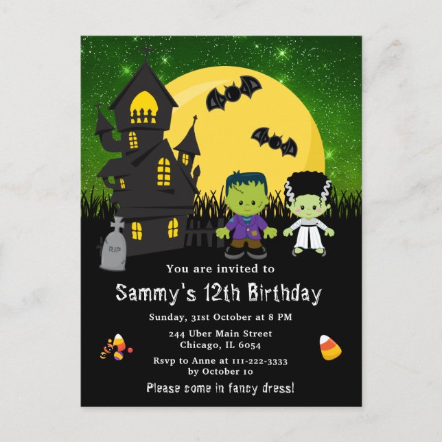 Carte Postale Halloween Fancy Robe Anniversaire Monstres Vert (Devant)