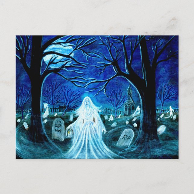 Carte Postale Halloween, fantôme, cimetière, pierres tombales, c (Devant)