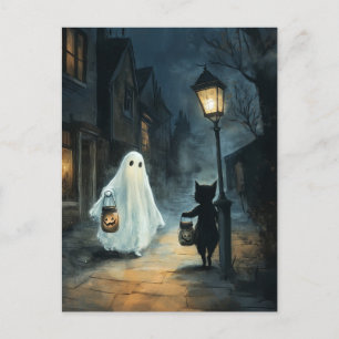 Carte Postale Halloween Ghost et Rencontre de chat