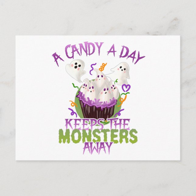 Carte Postale Halloween Ghosts Candy Un Jour Garde Monstres loin (Devant)