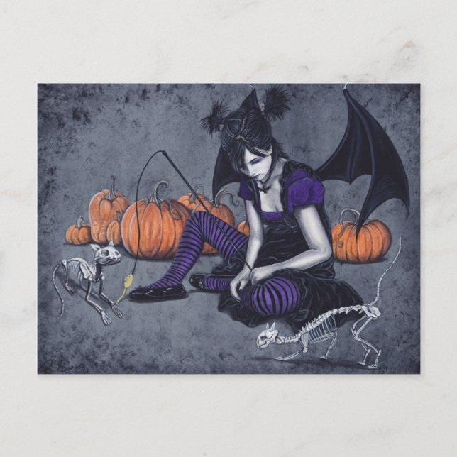 Carte postale Halloween gothique Skeleton Cats Dem (Devant)