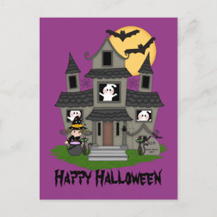 Carte Postale Halloween haunted house and little witch purple