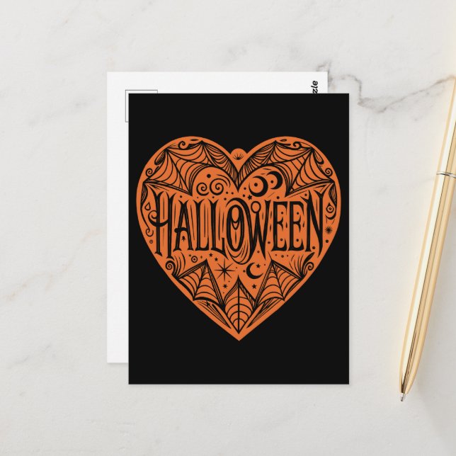 Carte Postale Halloween Heart, forme de cœur orange, vacances (Devant/Arrière en situation)