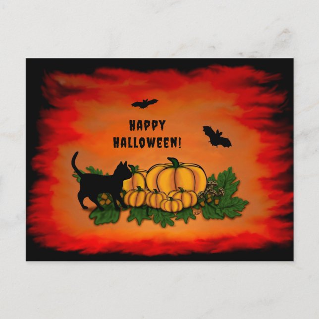 Carte Postale Halloween heureux, Chat noir, Chat et Citrouille (Devant)