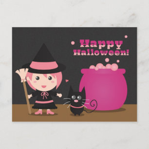 Carte Postale Halloween heureux, sorcière rose mignonne et chat 