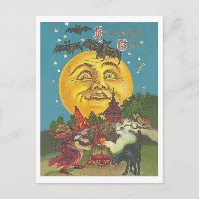 Carte Postale Halloween, jeune sorcière à pleine lune jaune (Devant)