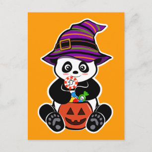 Carte Postale Halloween kawaii Panda avec bonbons