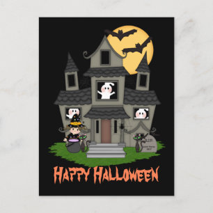 Carte Postale Halloween maison hantée et petite sorcière noir