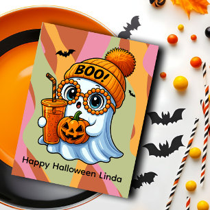Carte Postale Halloween Mignon Fantôme Automne Rose Orange