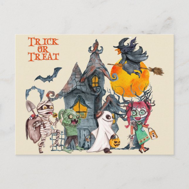 Carte Postale Halloween mignon Trick ou Traiter les créatures (Devant)