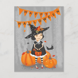Carte Postale Halloween Mignonne Petite Sorcière