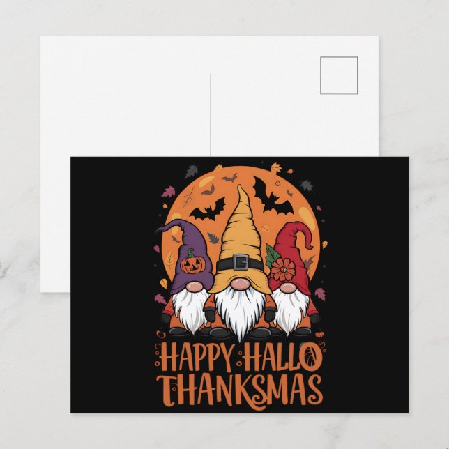 Carte Postale Halloween Noël Joyeux HalloMerciMas Gnomes (Devant / Derrière)