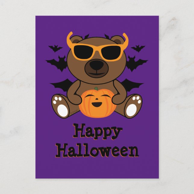 Carte Postale Halloween ours citrouille Cool mignon pourpre pour (Devant)