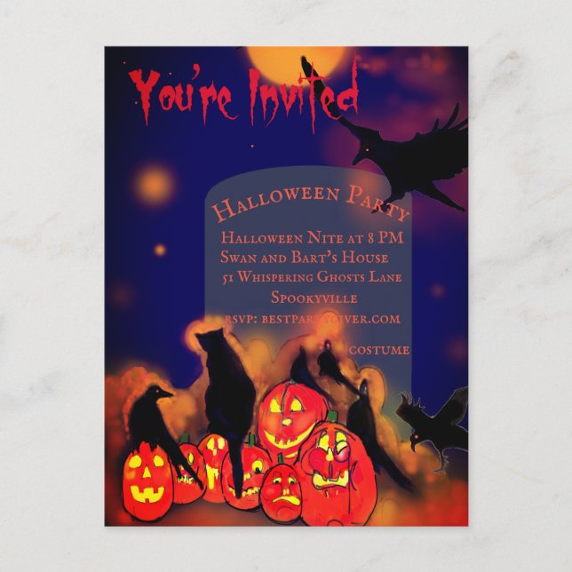 Carte Postale Halloween Pleine lune Citrouilles Ravens Cat (Devant)