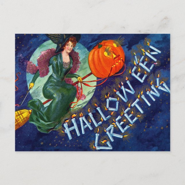 Carte postale Halloween pour sorcières volantes (Devant)