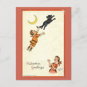 Carte Postale Halloween Salutations Boy Black Chat Tail Vintage