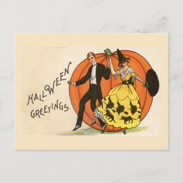 Carte Postale Halloween Salutations Danser Couple Citrouille Vin (Devant)
