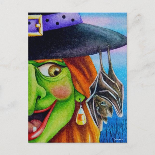 Carte Postale Halloween sorcière et chauve-souris aquarelle art (Devant)
