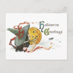 Carte Postale Halloween, sorcière et Jack-o'-lanterne